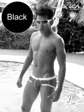 Black icker sea cord bikini swimwear trunks with white contrast trim stitching and subtle logo on waistband
