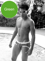Green swim trunks with white trim and subtle pattern from icker sea cord contrast trim stitching bikini swimwear