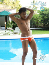 Icker sea cord contrast trim and stitching orange and white swim trunks with brief design for swimwear use