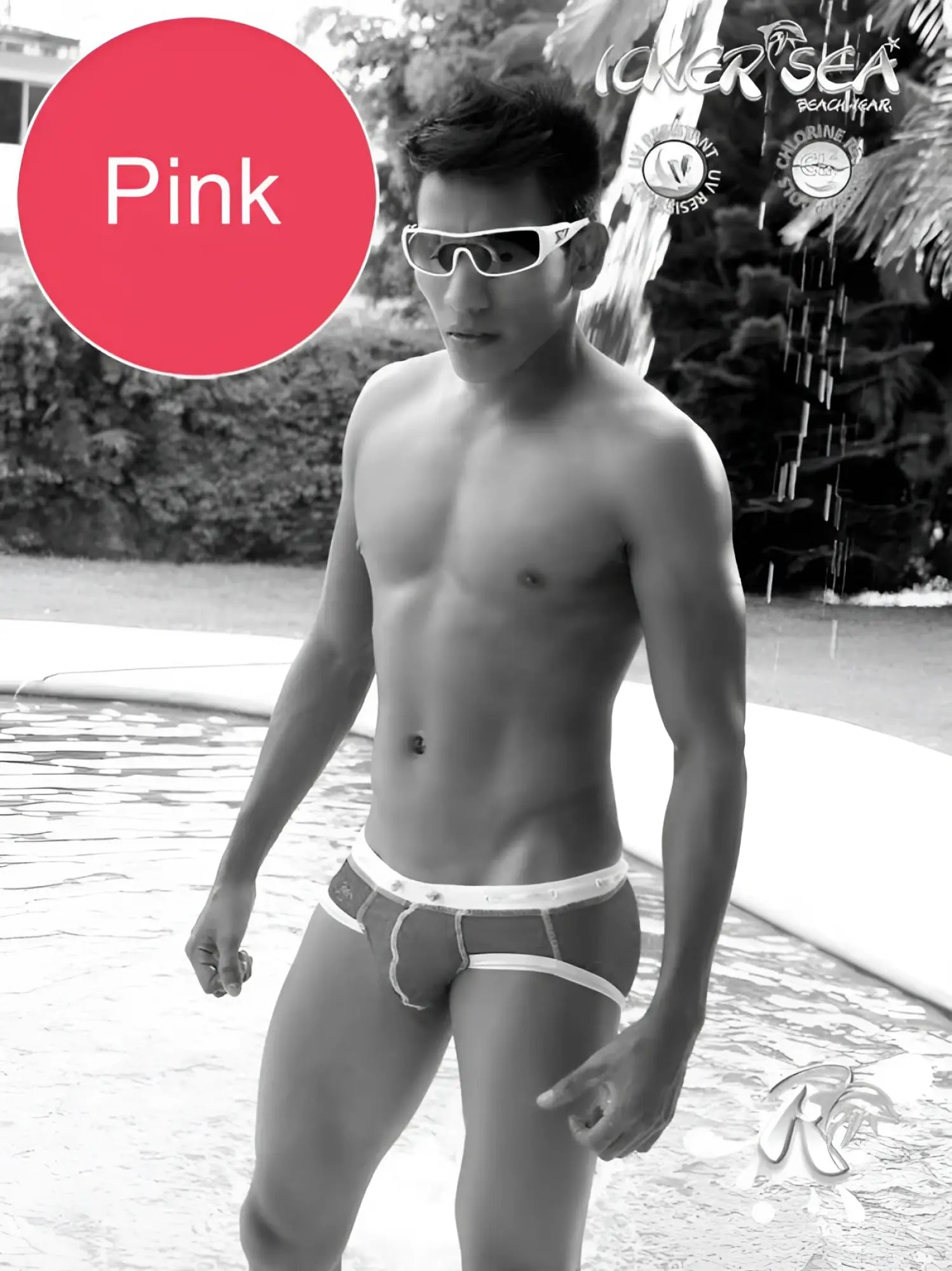 Pink icker sea cord bikini swim trunks with white trim and subtle pattern for swimwear cob-13-34