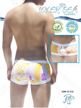 Icolorful patterned icker sea crayons square cut trunk swimwear with white waistband and trim for swimming