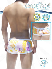 Icolorful patterned icker sea crayons square cut trunk swimwear with white waistband and trim for swimming
