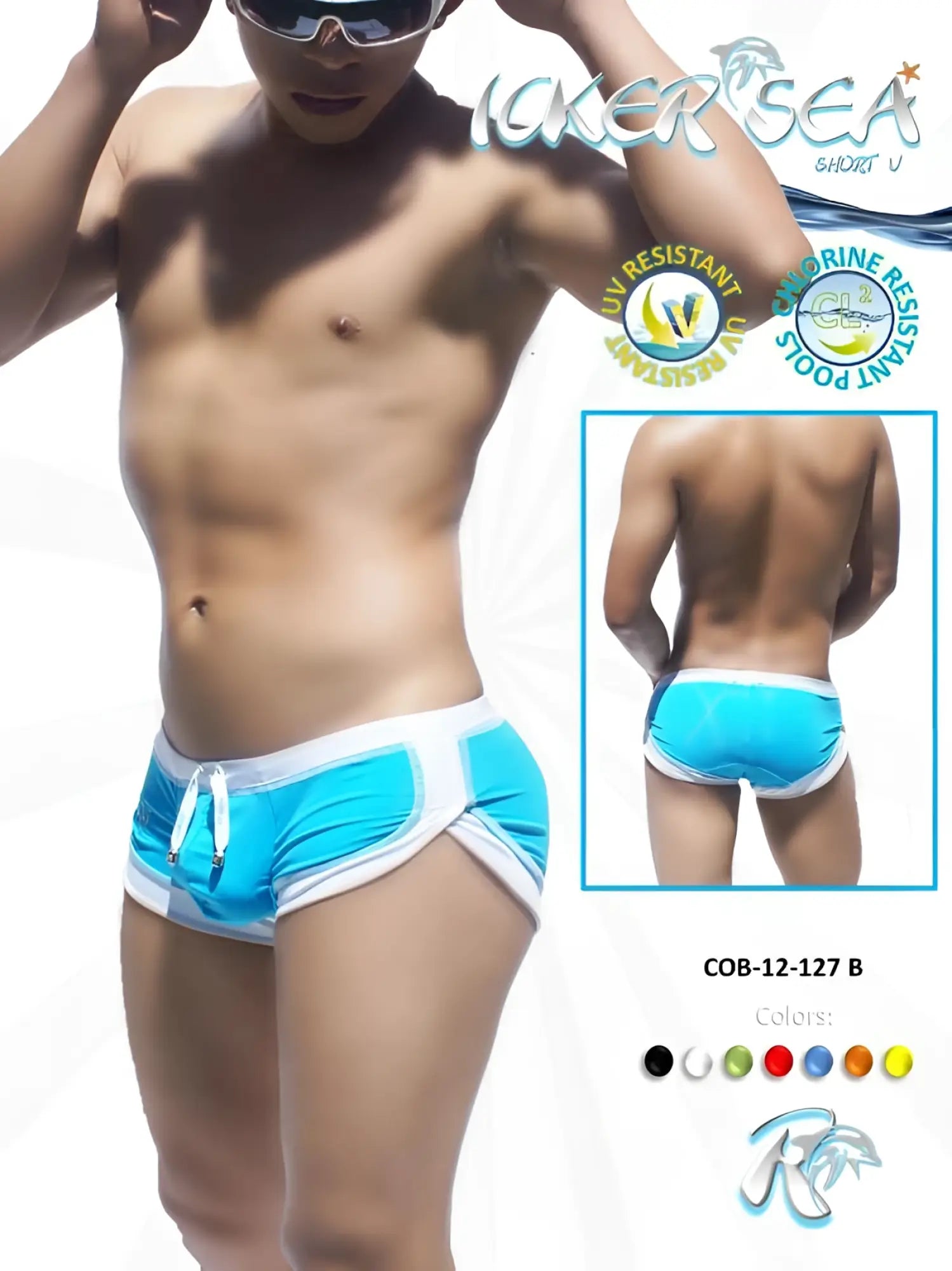 Icker Sea curved hemline u shorts square cut trunk swimwear in bright blue and white with turquoise side panels