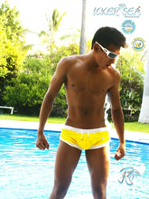Icker Sea curved hemline u shorts bright yellow swim trunks with white trim and small logo for swimwear mango cob-13-36