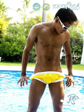 Icker Sea curved hemline u shorts bright yellow swim trunks with white trim and drawstring waistband for swimwear