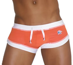 Icker Sea curved hemline U shorts square cut orange and white striped swim trunks with logo on left hipband