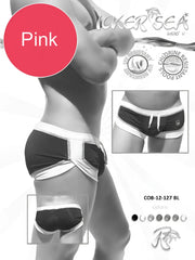 Pink and black icker sea curved hemline u shorts square cut swim trunks with white trim for swimwear use