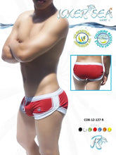 Icker Sea curved hemline u shorts square cut trunk swimwear in red with white trim and sporty design swim trunks