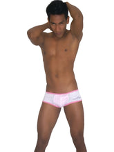 Icker Sea Devoured boxer brief underwear white lace trimmed with pink elastic waistband and jokerpunk logo on left leg