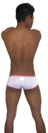 White lace boxer briefs with pink trim by icker sea featuring devoured design in pink and white coI-13-08