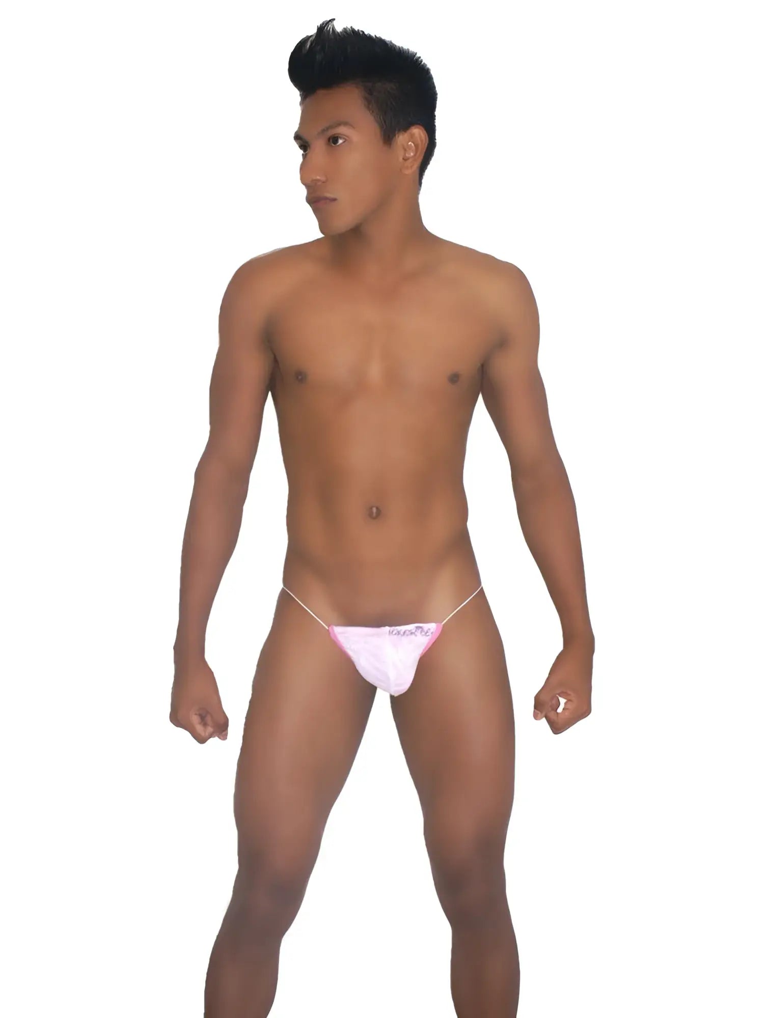 Pink thong underwear with thin white elastic straps and small logo front by icker sea devoured micro g string
