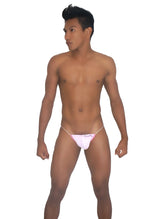 Pink thong underwear with thin white elastic straps and small logo front by icker sea devoured micro g string