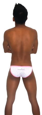 White briefs with pink trim and textured pattern featuring kinky bear embroidery in black on front for micro slip bikini underwear