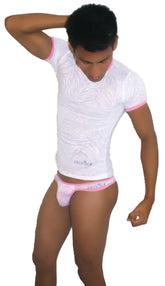 White textured short-sleeved t shirt with pink trim and matching pink underwear featuring subtle logo by icker sea