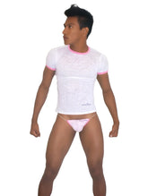 White textured short-sleeve t shirt with pink trim and matching pink briefs from icker sea devoured collection