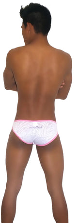 Back of white swim trunks with pink trim subtle pattern and moroccan brand embroidery in pink white icker sea devoured slip bikini underwear