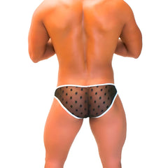 Icker Sea black sheer polka dot mesh bikini underwear with white trim showing the front side of the briefs