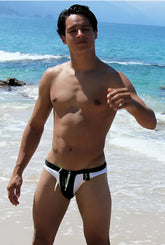 Black and white swim trunks with a drawstring waistband from icker sea duotone bikini swimwear black cob-15-22 collection