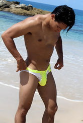 Icker Sea duotone bikini swimwear mango COB-15-22 bright neon yellow and white swim trunks with cutout design