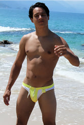 Icker Sea duotone bikini swimwear mango COB-15-22 bright yellow and white swim trunks with a drawstring waistband