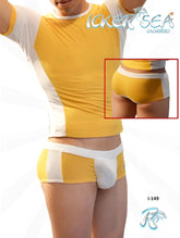 Icker Sea duotone men’s boxer briefs mango and white with yellow front panel and white striped side panels
