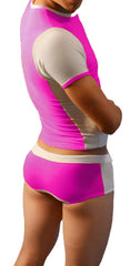 Bright pink and white two-piece athletic set with short sleeves and briefs by icker sea for activewear use