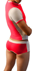 Red and white icker sea duotone matching t shirt and boxer brief set with bold color-block design for athletic wear