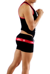 Black athletic boxer briefs with red trim and white logo band on waistband from icker sea duotone set