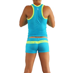 Bright turquoise athletic tank top with neon yellow trim and small logo on back from icker sea duotone set blue green