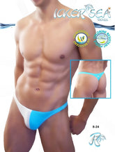 Bright blue and white two-tone thong swimwear from Icker Sea designed for stylish beachwear and swimming