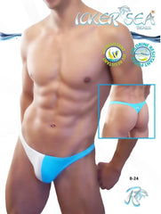 Bright blue and white two-tone thong swimwear from Icker Sea designed for stylish beachwear and swimming