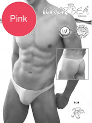 Pink icker sea duotone thong swimwear for men with minimalist design in pink and white shown from the back side