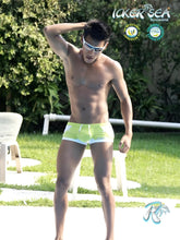 Icker Sea eyelets square cut trunk swimwear in bright lime green and white with a sleek modern design