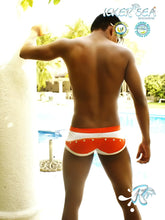 Orange and white Icker Sea Eyelets square cut trunk swimwear showing back with heart-shaped cutout detail