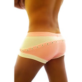 Icker Sea eyelets square cut trunk swimwear in pastel pink and cream with diagonal stripes and silver grommet details