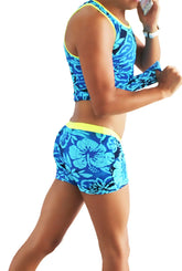 Blue floral-patterned athletic two-piece set with neon yellow trim by icker sea flowers matching tank top and boxer brief