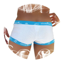 Icker sea fresh dots logo trim boxer brief underwear in white mesh with blue elastic waistband and joker logo trim