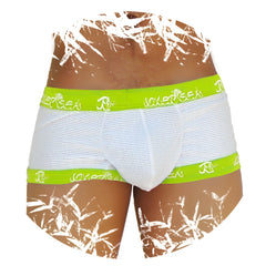White mesh boxer briefs with lime green elastic trim and repeating Icker Sea fresh dots logo in white script