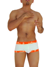 Icker sea fresh dots logo trim boxer brief underwear in white and orange striped textured fabric design