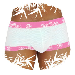 Icker Sea fresh dots logo trim pink mesh boxer briefs with bamboo leaf pattern and pink elastic bands on brown fabric