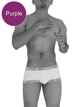 Purple icker sea fresh dots mesh boxer briefs with white elastic waistband featuring repeating logo text