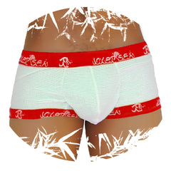 White mesh boxer briefs with red elastic waistband and legs featuring repeating jackersea logo in white lettering