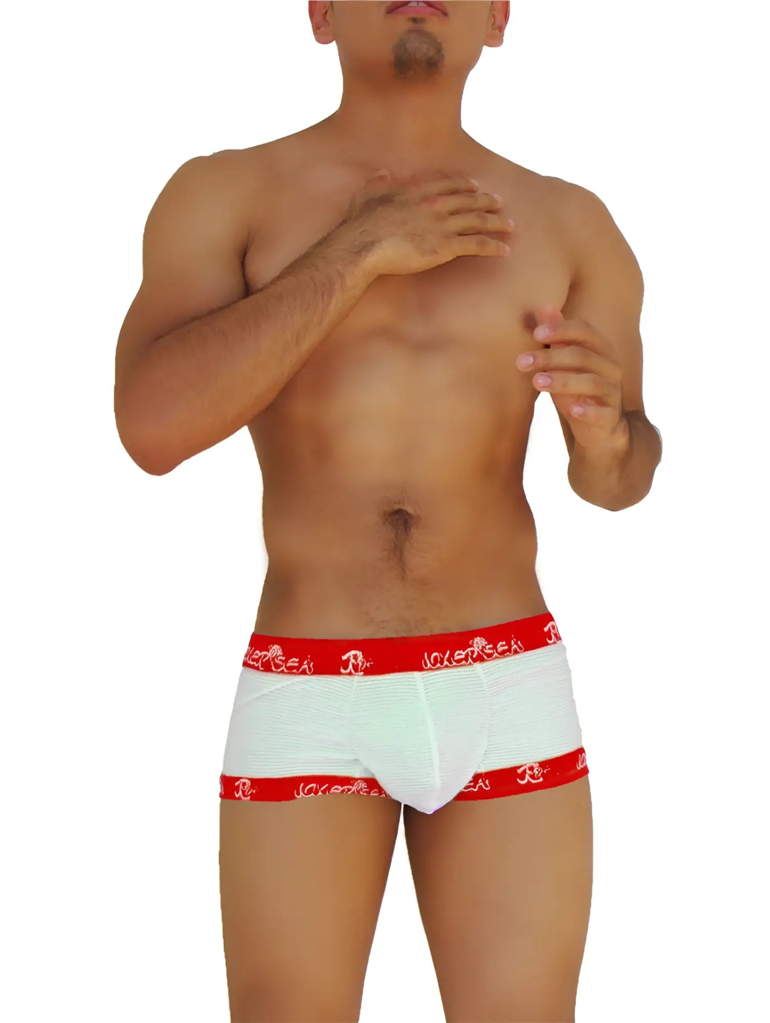 White boxer briefs with red elastic waistband and subtle texture featuring joversea logo for daily comfort wear