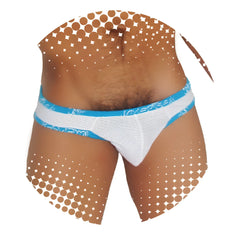 White mesh icker sea fresh dots logo trim brazilian thong underwear with blue trim and patterned waistband