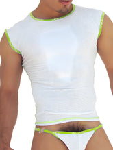 White mesh sleeveless muscle top with neon green logo trim and matching thong by Icker Sea in green COI-14-FD-04