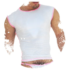 Icker sea fresh dots logo trim muscle top t shirt in white mesh with pink trim along neckline armholes and hem