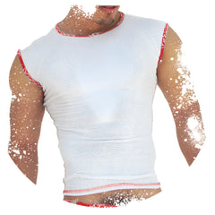 Icker Sea fresh dots logo trim white mesh sleeveless top with red patterned neckline armholes and hem trim