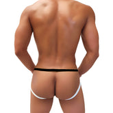 Black and white icker sea fruitful enhancement mesh jock strap underwear with narrow waistband and wide leg straps back view