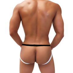 Black and white icker sea fruitful enhancement mesh jock strap underwear with narrow waistband and wide leg straps back view