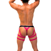 Icker Sea garter y back g string underwear in bright pink with black polka dot waistband shown from the back